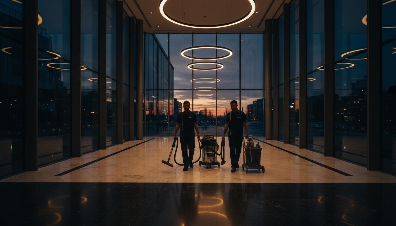 Professional cleaning team in a modern commercial building lobby