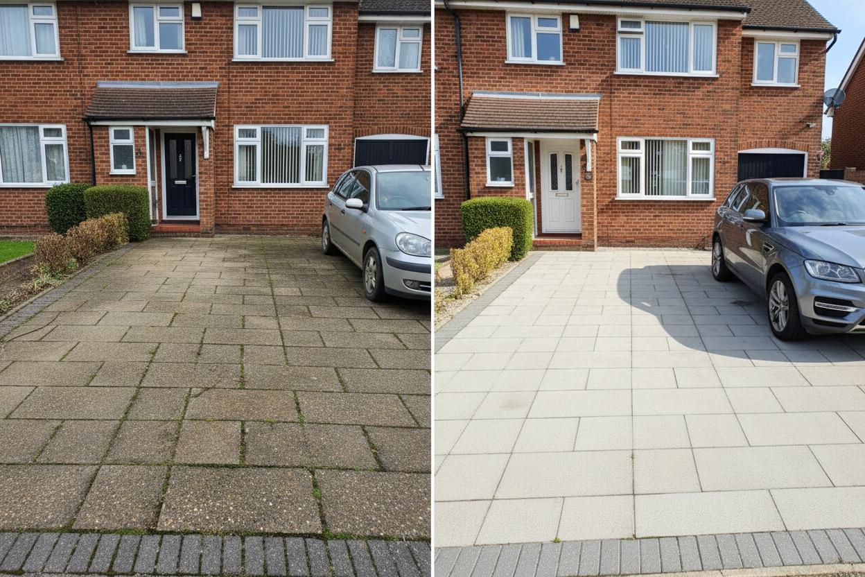Driveway & Patio - before and after cleaning transformation by Prixtine Ltd